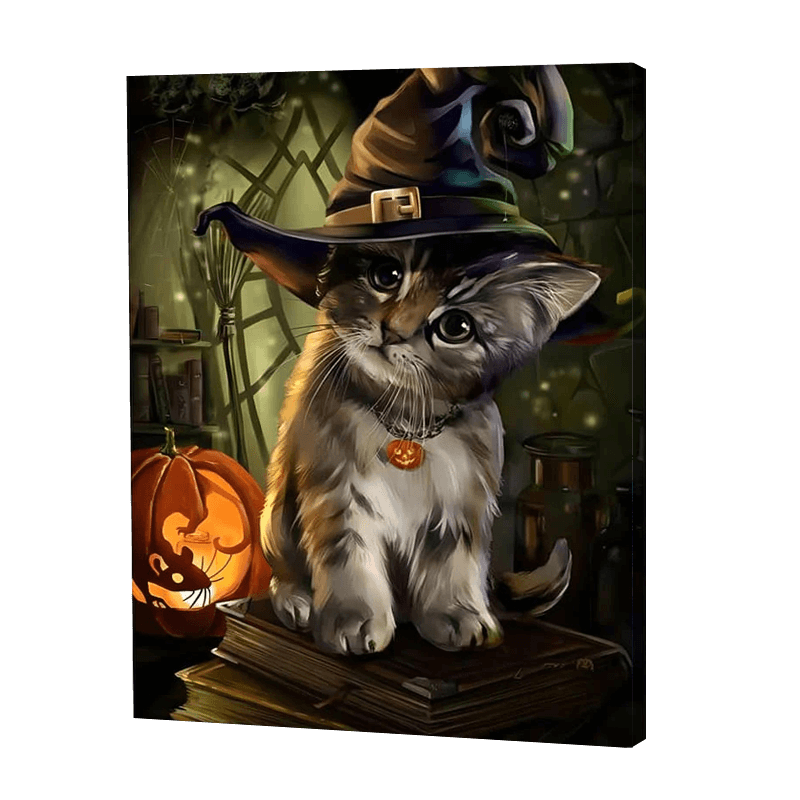 Kot w  kapeluszu czarownicy | Haft Diamentowy