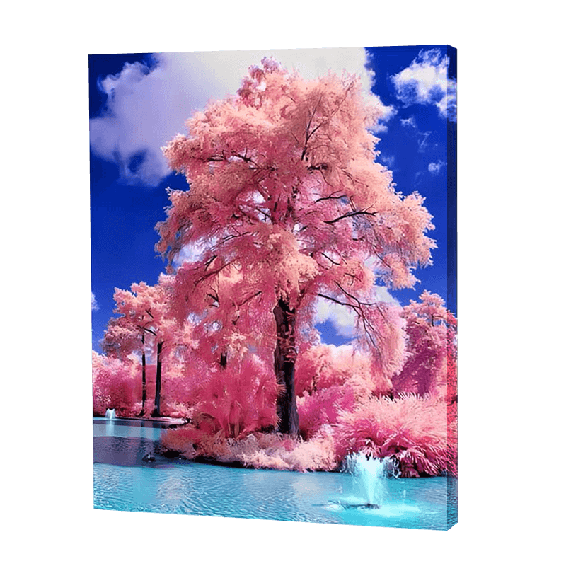 Różowe drzewo nad jeziorem Aqua | Haft Diamentowy