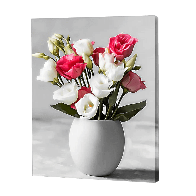Białe i różowe róże w Vsae | Haft Diamentowy